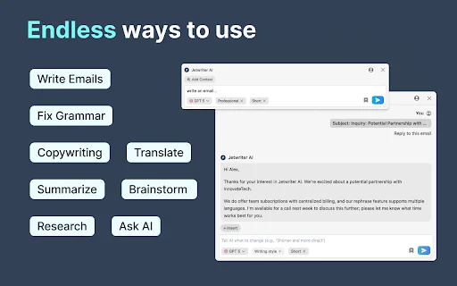 Jetwriter AI: ตัวช่วยเขียนอีเมลและสรุปเนื้อหาด้วย AI อัจฉริยะบนเบราว์เซอร์ - Screenshot 2