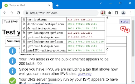 IPvFoo ดาวน์โหลดส่วนขยายตรวจสอบ IPv4 และ IPv6 สำหรับ Chrome ฟรี - Screenshot 1